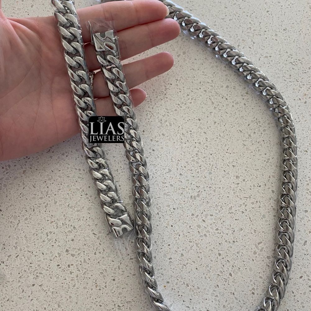 New 18k white gold Cuban link chain and bracelet set